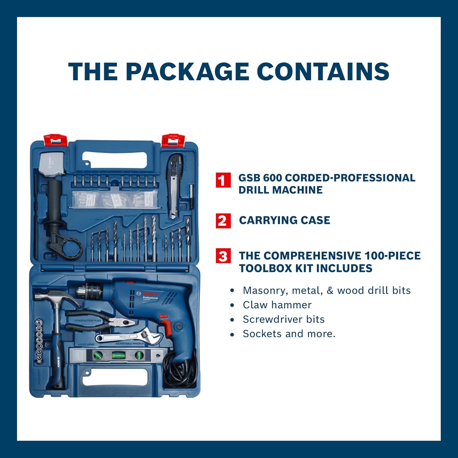 BOSCH GSB 600 Corded Electric Impact Drill, 100Pcs Accessory Set | 600 W Motor | Speed of 3000 RPM | Rated Torque of 1.4 Nm | Impact rate of 48000 BPM - Image 4