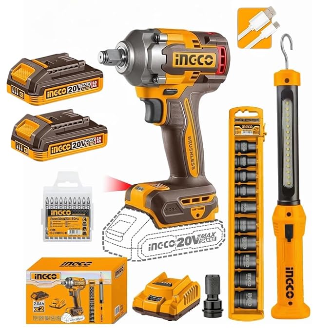 Ingco 1/2" Cordless Impact Wrench Kit, 400 N.m, 2 x 2.0 Ah Batteries, 10-Piece Socket Set, LED Work Light, 10-Piece Screwdriver bit
